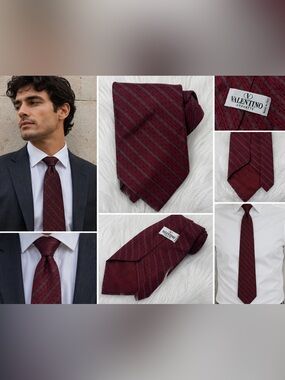 Vintage Valentino Cravatte Silk Tie Red Burgundy Gray Stripe Polka Dot  57”